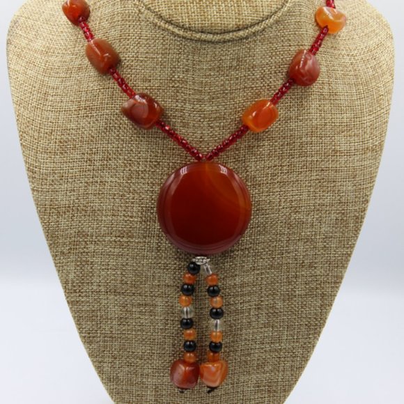 Red Carnelian and Agate Necklace Pendant - Picture 1 of 9